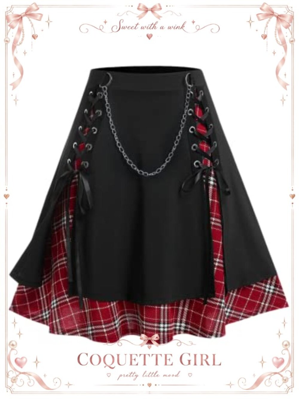 Plus Size Gothic Plaid Mini Skirt Pleated Flared High Waist Detachable Chain